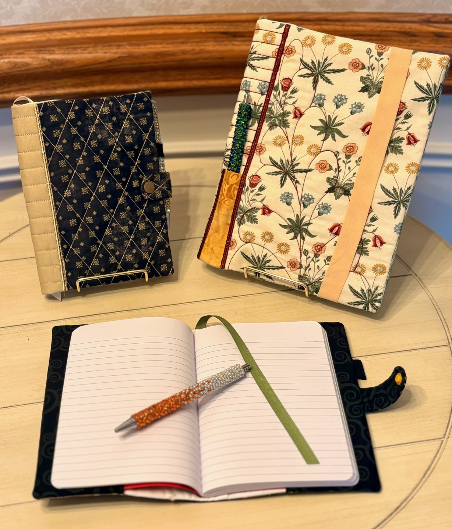 Refillable fabric journal covers with bedazzled pens